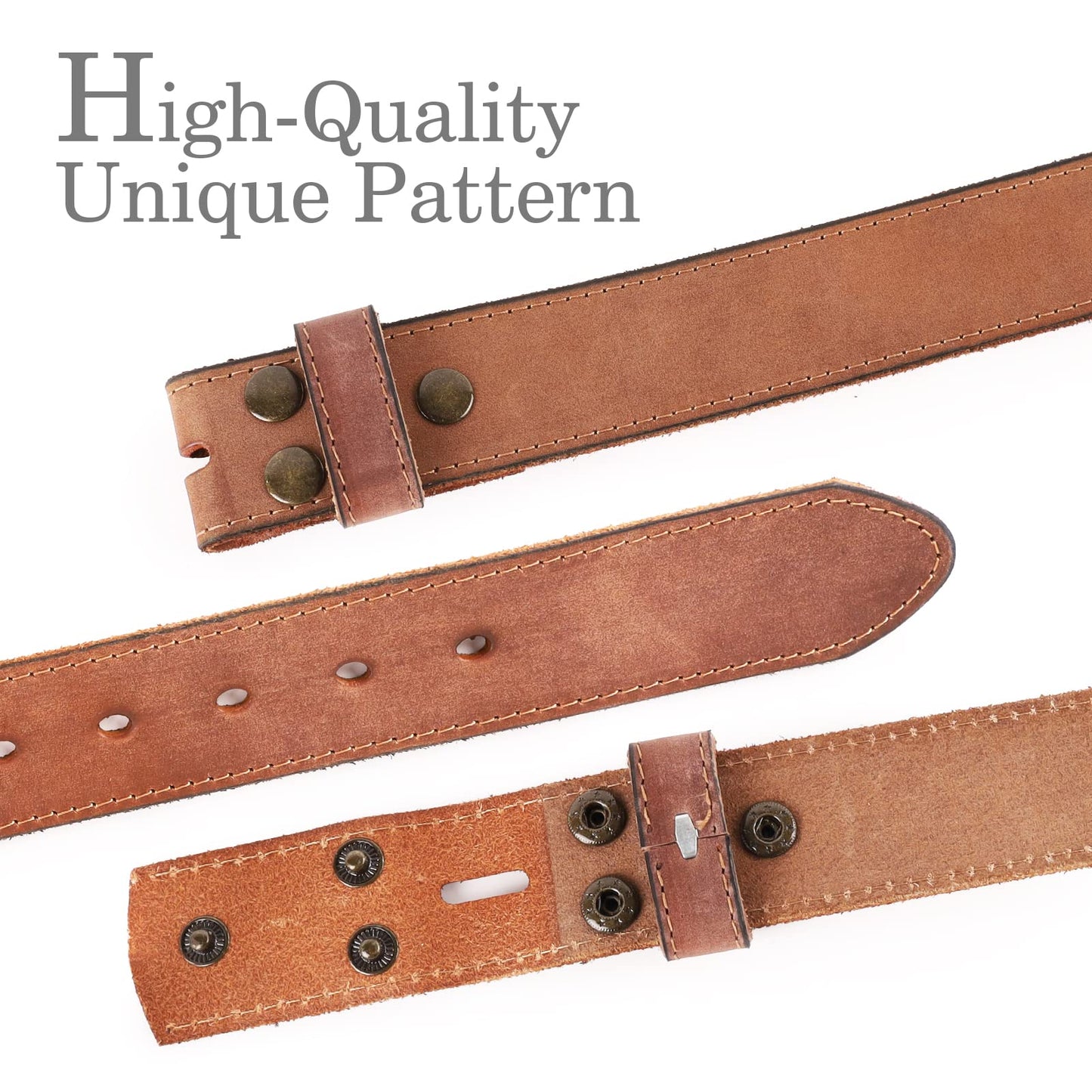 NPET Mens Leather Belt Full Grain Vintage Style, Stitches Leather Belt for Men, Snap on Strap 1 1/2" Wide