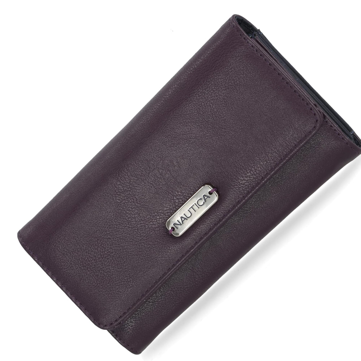 Nautica Money Manager Womens Slim Compact RFID Blocking Credit Card Holder Clutch Wallet Organizer with Zipper Coin Purse and Phone Compartment in Plum