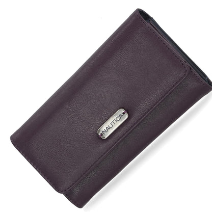 Nautica Money Manager Womens Slim Compact RFID Blocking Credit Card Holder Clutch Wallet Organizer with Zipper Coin Purse and Phone Compartment in Plum