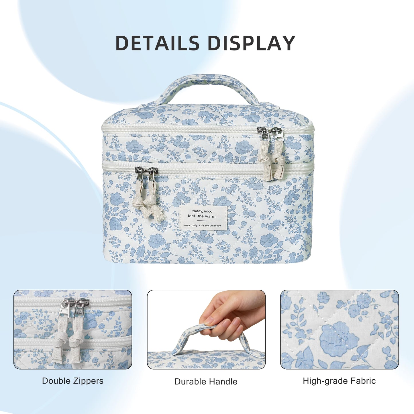 Gosect Makeup bag, Large Cosmetic Bag for Women Girls, Cute Quilted Make Up Bags, Floral Coquette Aesthetic Toiletry Bag, Travel Make Up Organizer Bag (Blue Flowers)