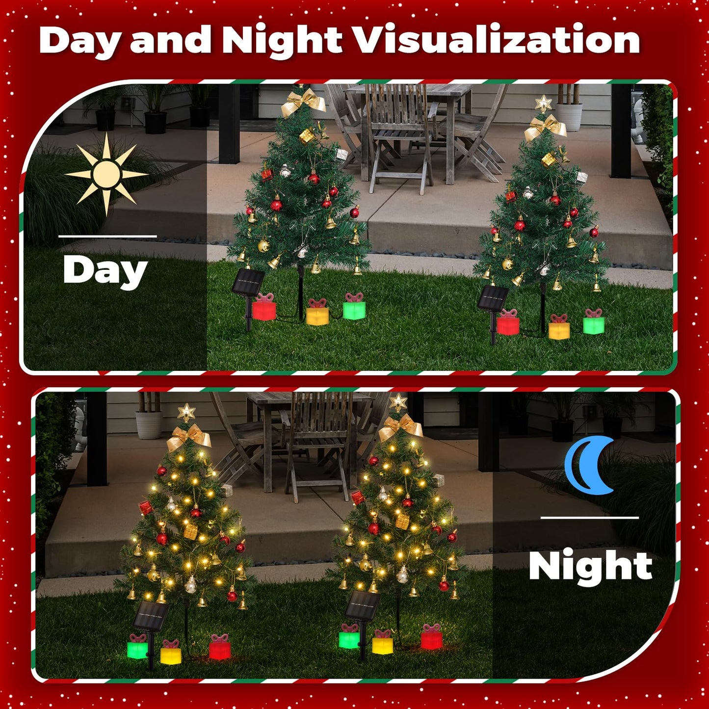 2 Pack Solar Mini Christmas Tree Decorations Lights, 30 Inch 8 Flashing Modes Waterproof Xmas Decor, 60 LED Lights with Ornaments 6 Gift Boxes for Yard Garden (2 Pack, Warm White Green Tree)