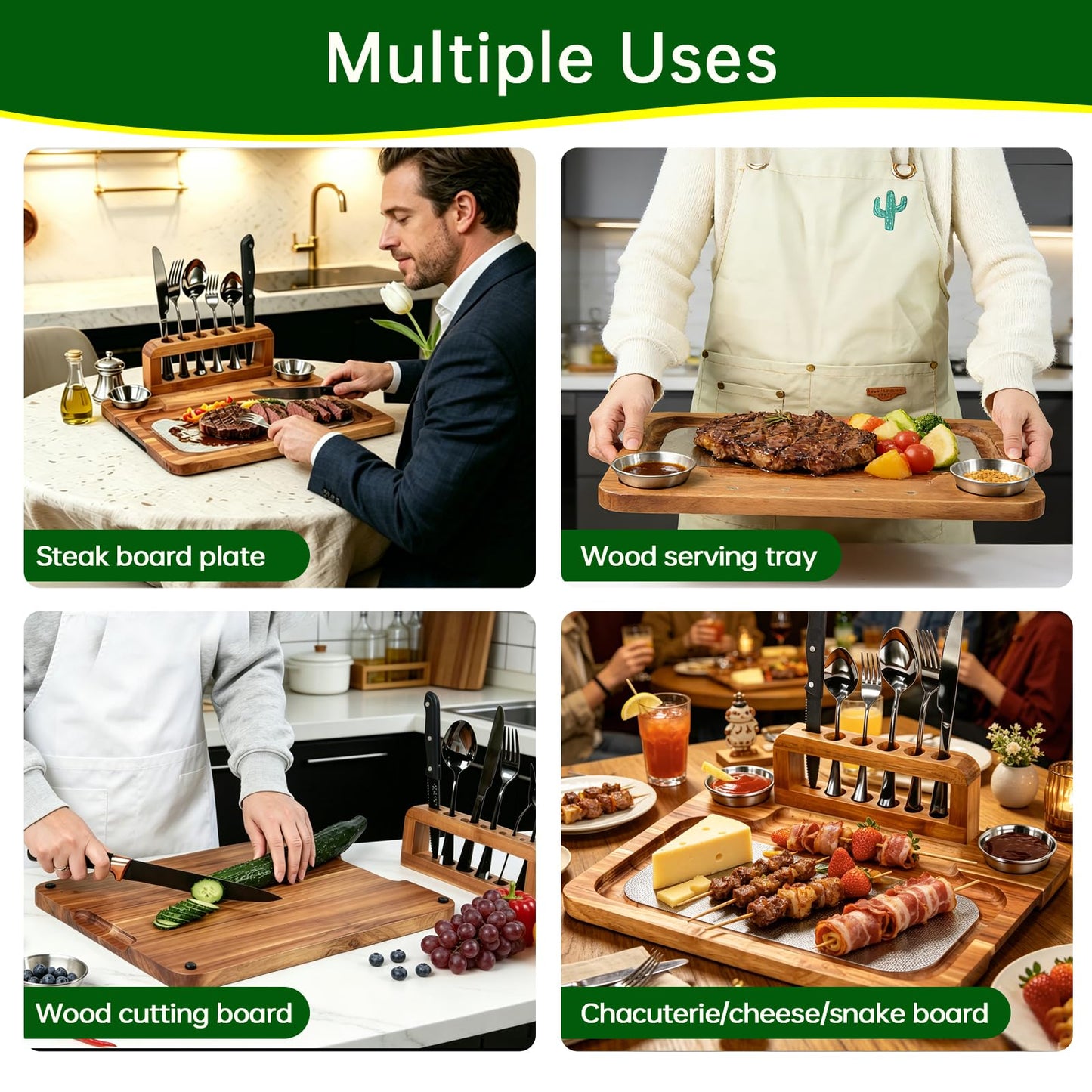 Acacia Wood Steak Board Set,16.5" Magnetic Charcuterie Board with Stainless Steel Scratch-Proof Cutting Surface Wooden Serving Platter with Cutlery & Sauce Cup for BBQ Dinner Party Housewarming Gift