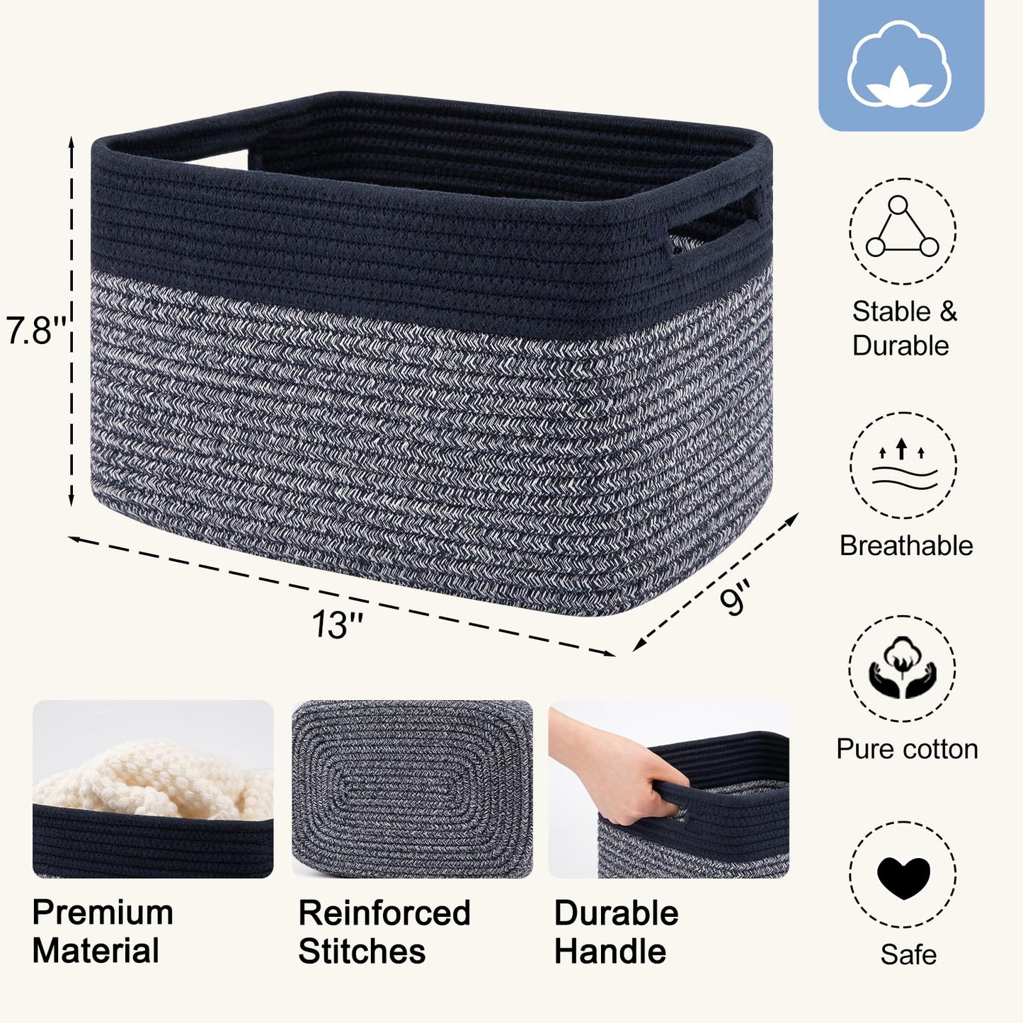 SIXDOVE 4 Pack Storage Baskets for Organizing, Woven Baskets for Shelves - Perfect for Toys, Books, Towels, and Clothes, Durable Gift Basket Bins Toy Storage, 12.7''L x9''W x7.8''H, Blue and Grey