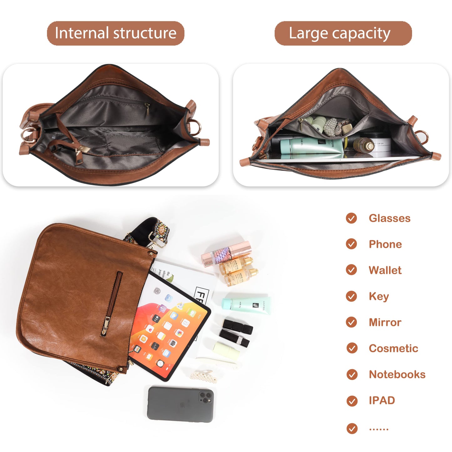 Cross Body Bag Purses for Women with Guitar Strap, Trendy Vegan Faux Leather Shoulder Bag Designer Handbag with 2 Strap (Brown)