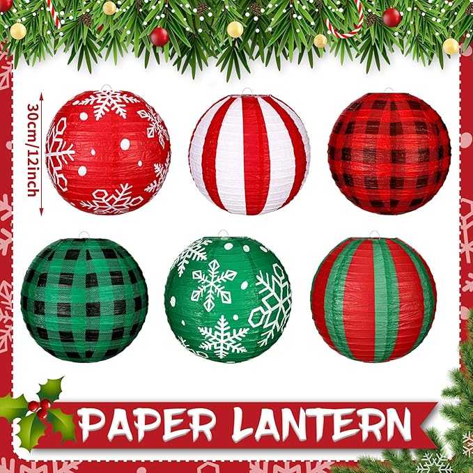 Bencailor 12 Pcs Christmas Hanging Paper Lanterns Set Decorative Christmas Party Lanterns Round Hanging Lamps for Xmas Home Decoration Supplies Props Graduation Holiday Decor(Snowflake, 12 Inch)