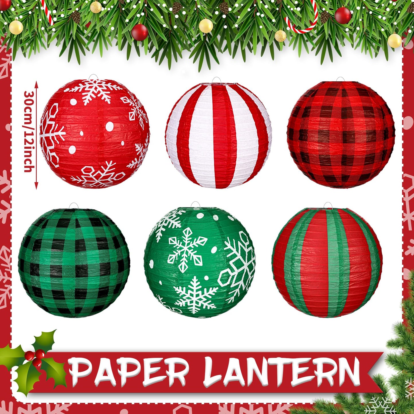 Bencailor 12 Pcs Summer Christmas Hanging Paper Lanterns Set Xmas Decorative Party Round Hanging Lamps for Summer Xmas Home Decoration Supplies Props Holiday Decor(12 Inch,Snowflake)