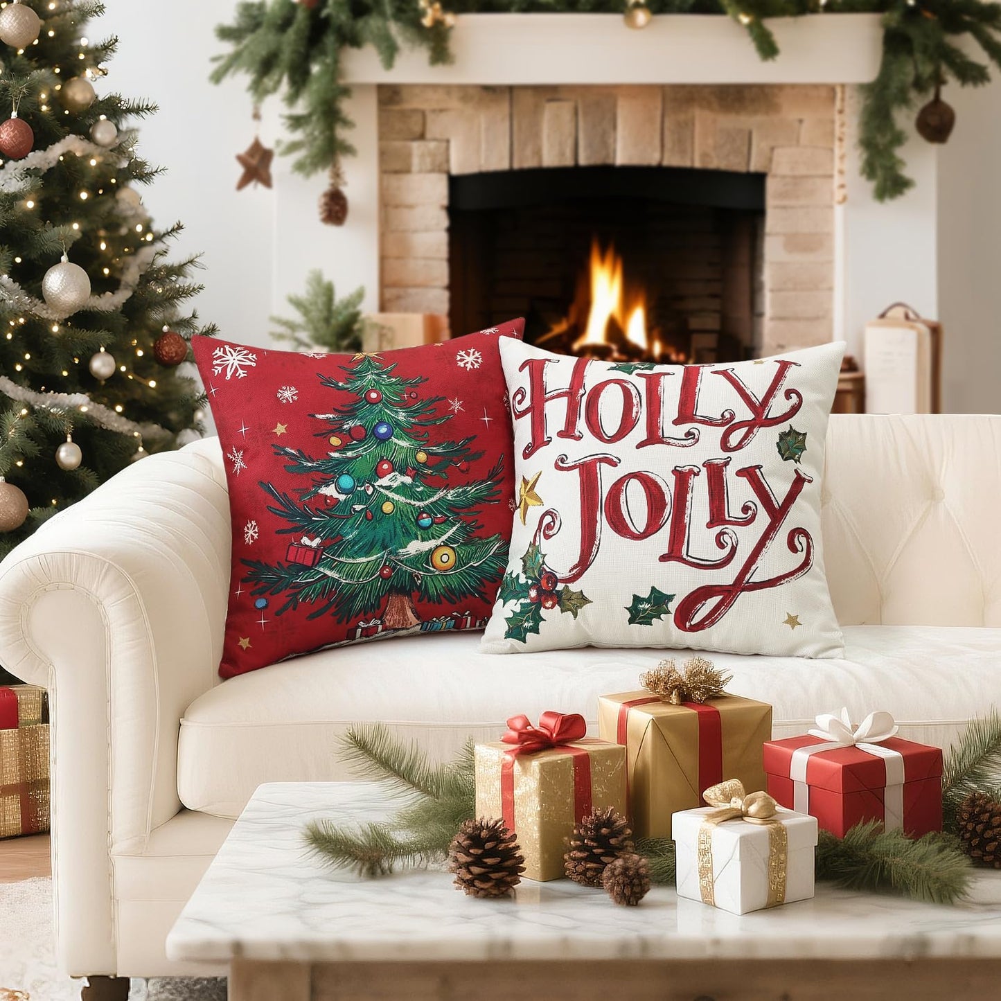 Artscope Christmas Tree Snowman Throw Pillow Covers 18x18 Inch Set of 4, Let It Snow Holly Jolly Winter Hoilday Christmas Decoration Pillow Cases for Home Sofa Couch Decor-Red