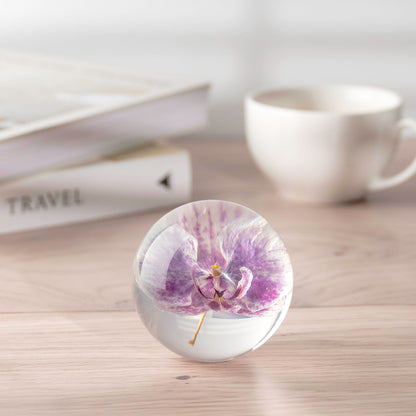 NouvoCrescent Real Purple Orchid Paperweight - Home Decor Crystal Resin Ball 3.14in (80mm) - Clear Resin Purple Orchid Flower Globe for Special Days - Sphere Figurine Office Paperweight w/Flat Bottom