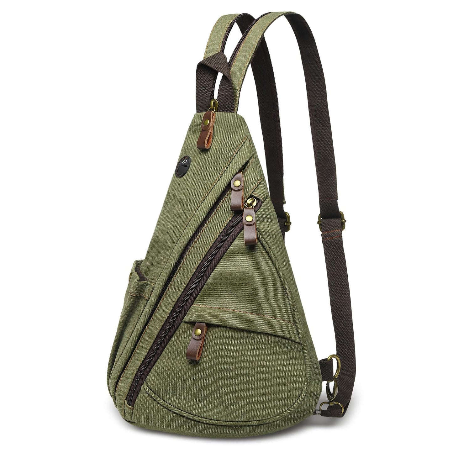 SUIKIHUM Vintage Canvas Sling Bag with Genuine Leather Zipper, 3 in 1 Crossbody, Backpack, and Chest Bag, for Travel, Hiking, 16x10x6 Inches, Green