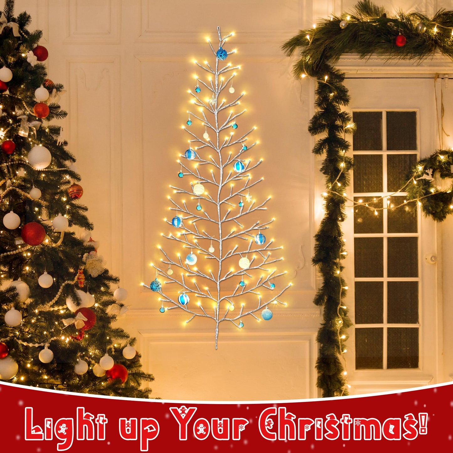 ElectricWise 5 FT 144 LED Lighted Wall Christmas Tree with Decorative Balls, 8 Light Modes Plug in Half Christmas Tree, Hanging Flat Mounted Trees for Holiday Apartment Room (Silver, Blue and White)