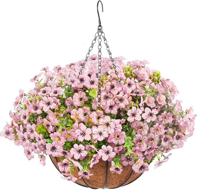Artificial Hanging Faux Flowers Basket, Fake Silk Daisy Eucalyptus Plants Arrangement,for Spring Summer Outdoor Decoration,UV Resistant, Coconut Planter,Look Real for Home Garden Décor (Pink)