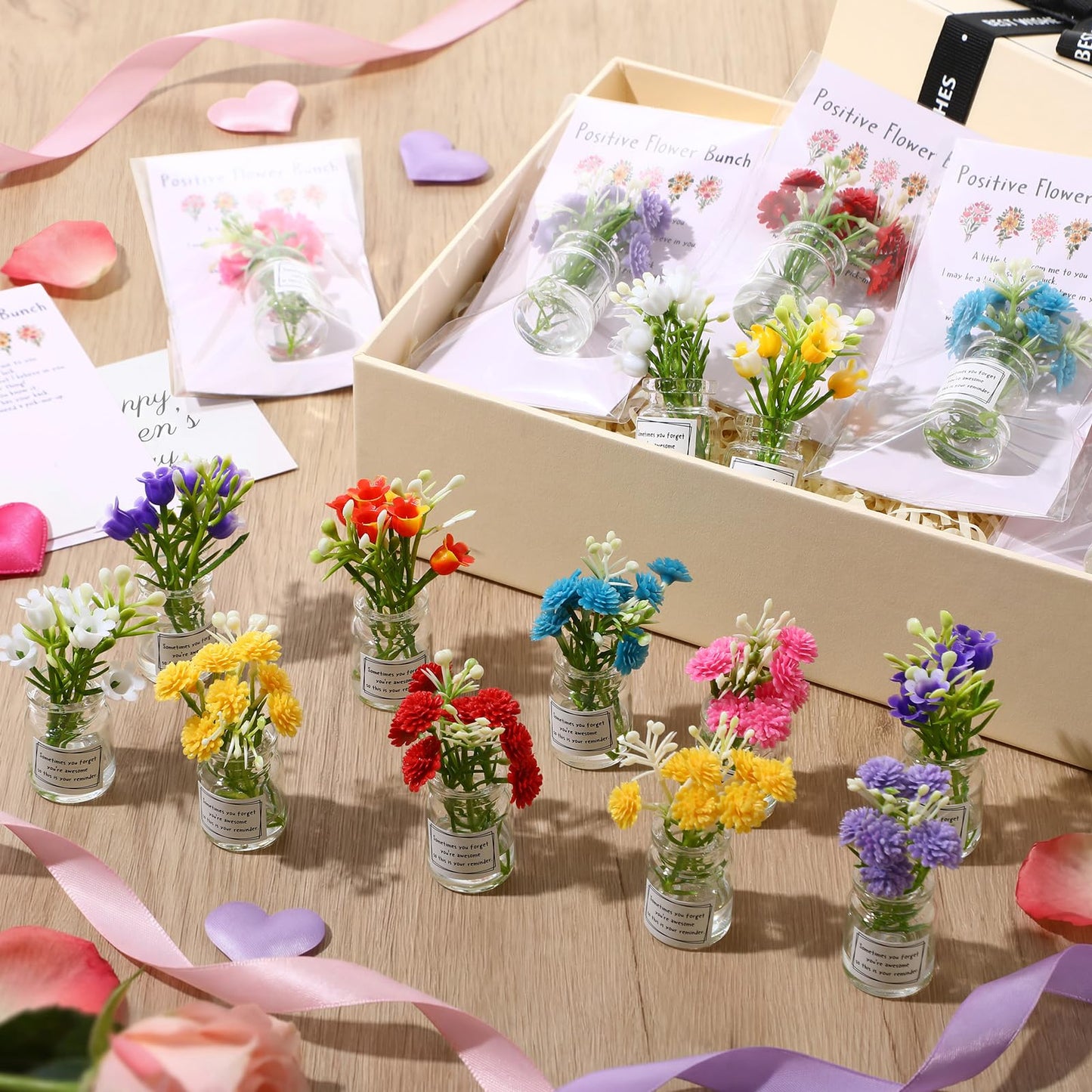 Xuhal 20 Sets Mothers Gift Set for Women Positive Mini Bud Vase with Flowers Positive Cards Motivational Office Desk Decor Gift for Mother Women Teacher Volunteer Employee Nurse Wedding