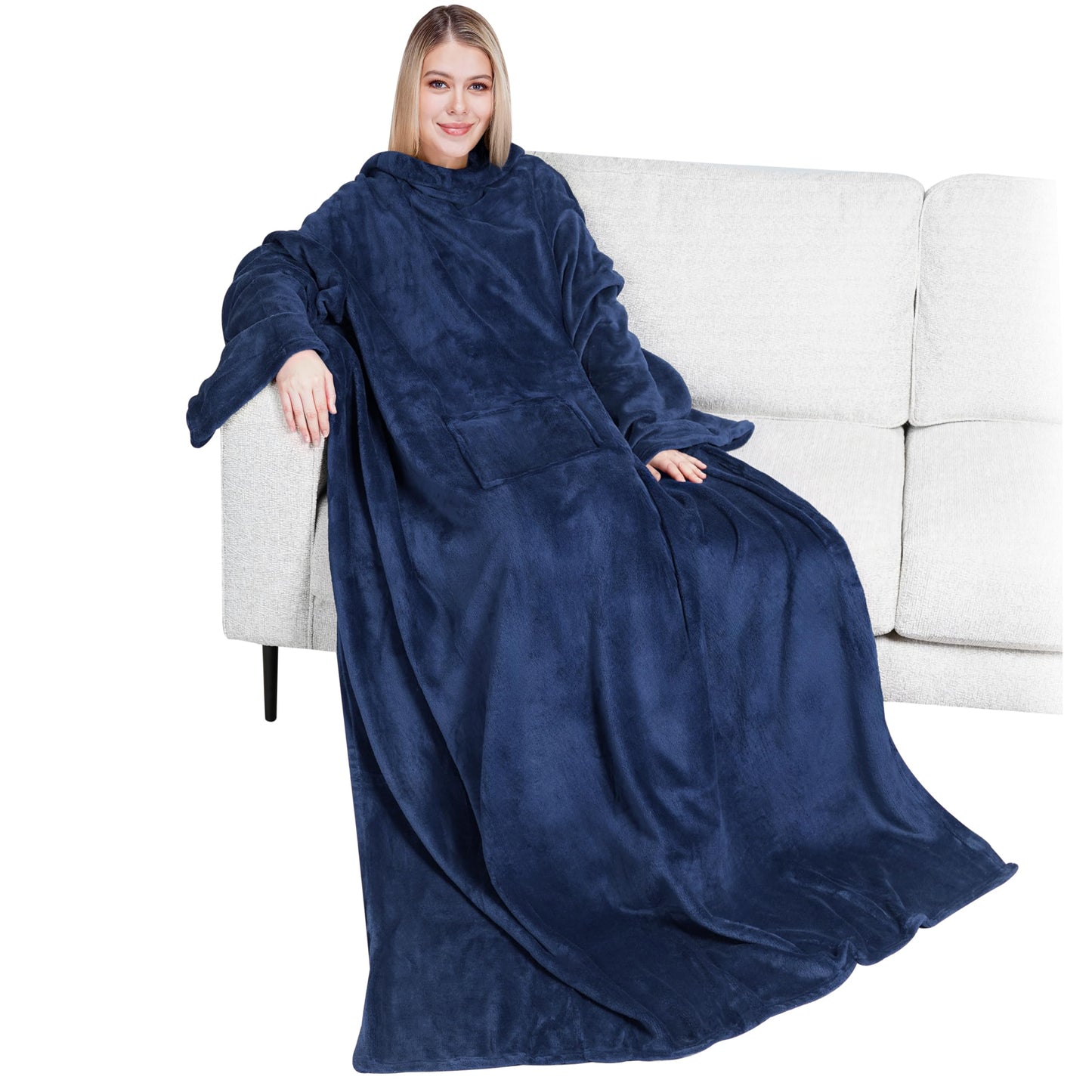 PAVILIA Wearable Blanket with Sleeves for Adult Women Men, Cozy Fleece Warm Wrap Throw Blanket with Arms, Pocket, Gifts for Christmas, Wife, Navy Blue