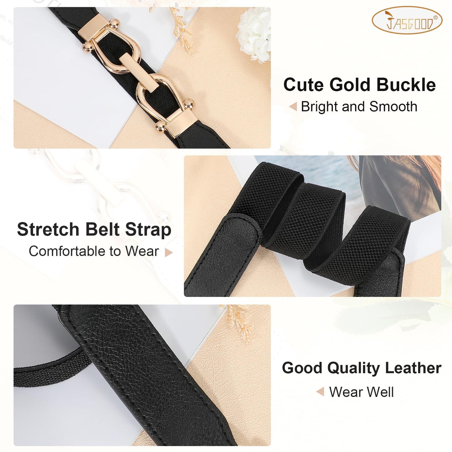 JASGOOD 2 Pack Women Stretchy Waist Belt Retro Elastic Skinny Belt for Ladies with Gold Buckle