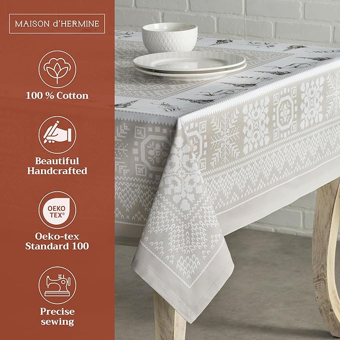 Maison d' Hermine Table Cloth Rectangle Table 100% Cotton 60 x 90 Inches Fall Tablecloth Reusable Everyday Use for Thanksgiving Christmas Decorations Dining Farmhouse Party (Cozy Christmas)