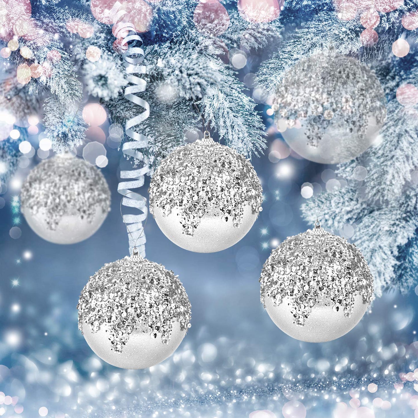 ZHANYIGY 4pc Silver Christmas Ball Ornaments, Shatterproof Christmas Ball Decorations for Trees, Wedding Party Holiday Decorations