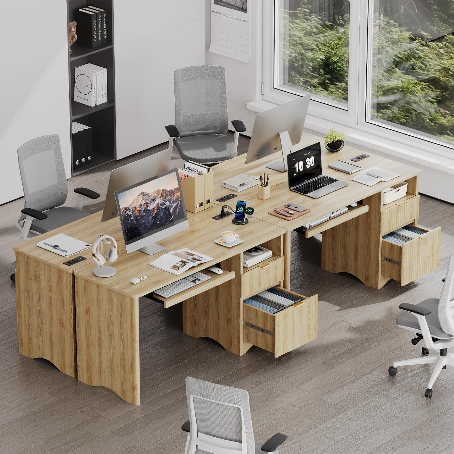 Bestier Computer Desk with Drawer, 55 inch Office Desk with Power Outlet, Modern Home Office Desk with Keyboard Tray (Natual Oak, 55" W with Single-Sided Drawers)