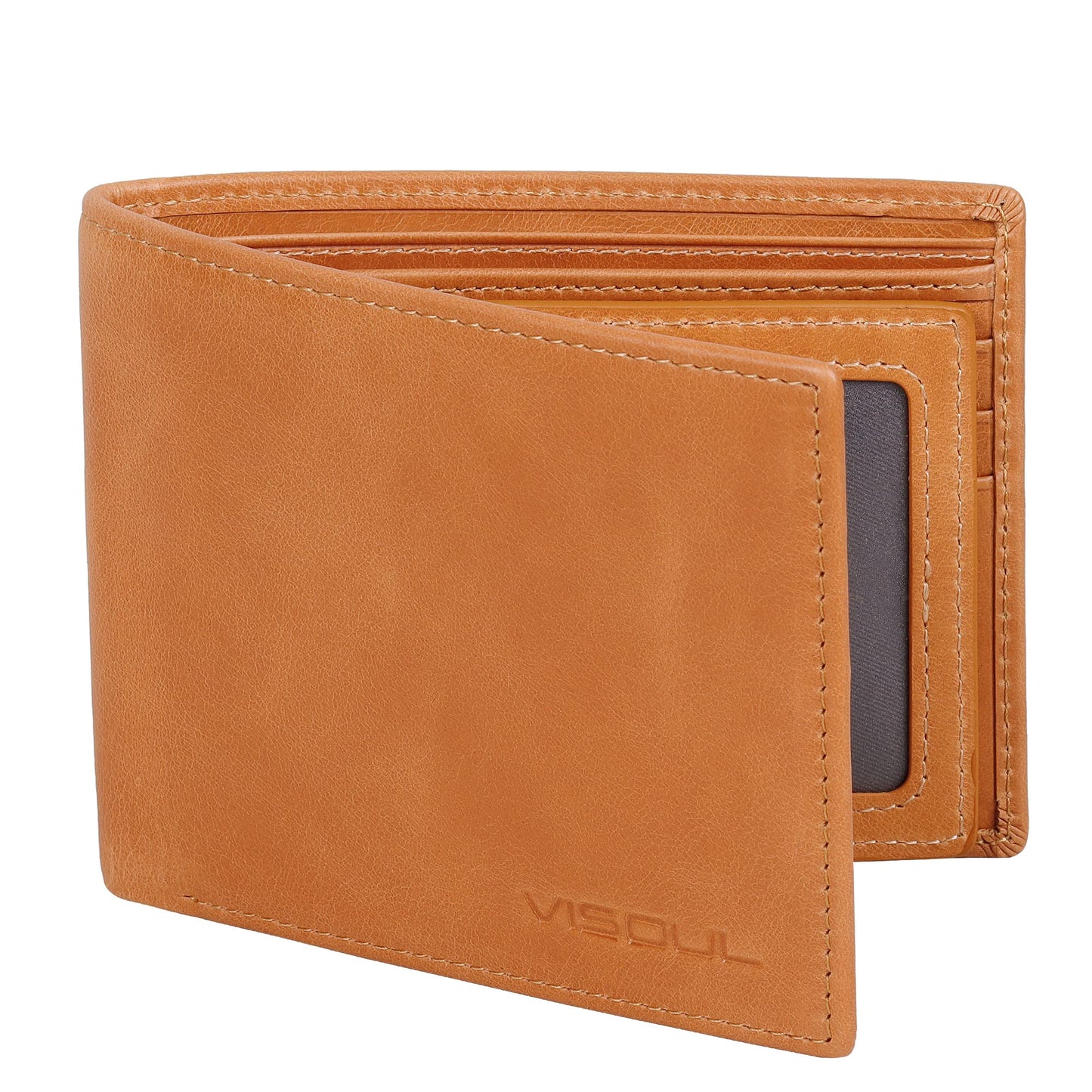 VISOUL Leather Mens Bifold RFID Blocking Wallet with 2 ID Windows, Leather Wallet for Men (Leather, Tan)