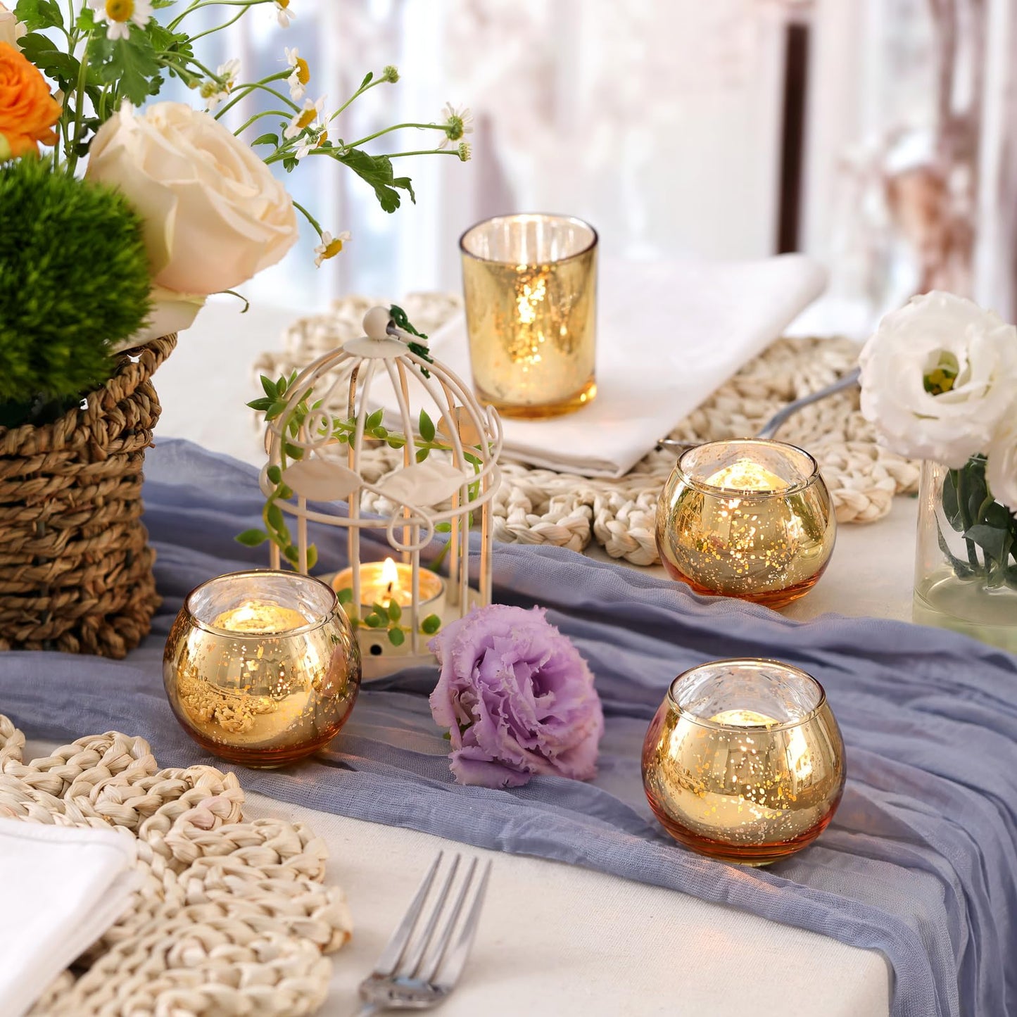 Volens Round Gold Votive Candle Holders, Mercury Glass Candle Holder Set of 12, Wedding Decorations for Table