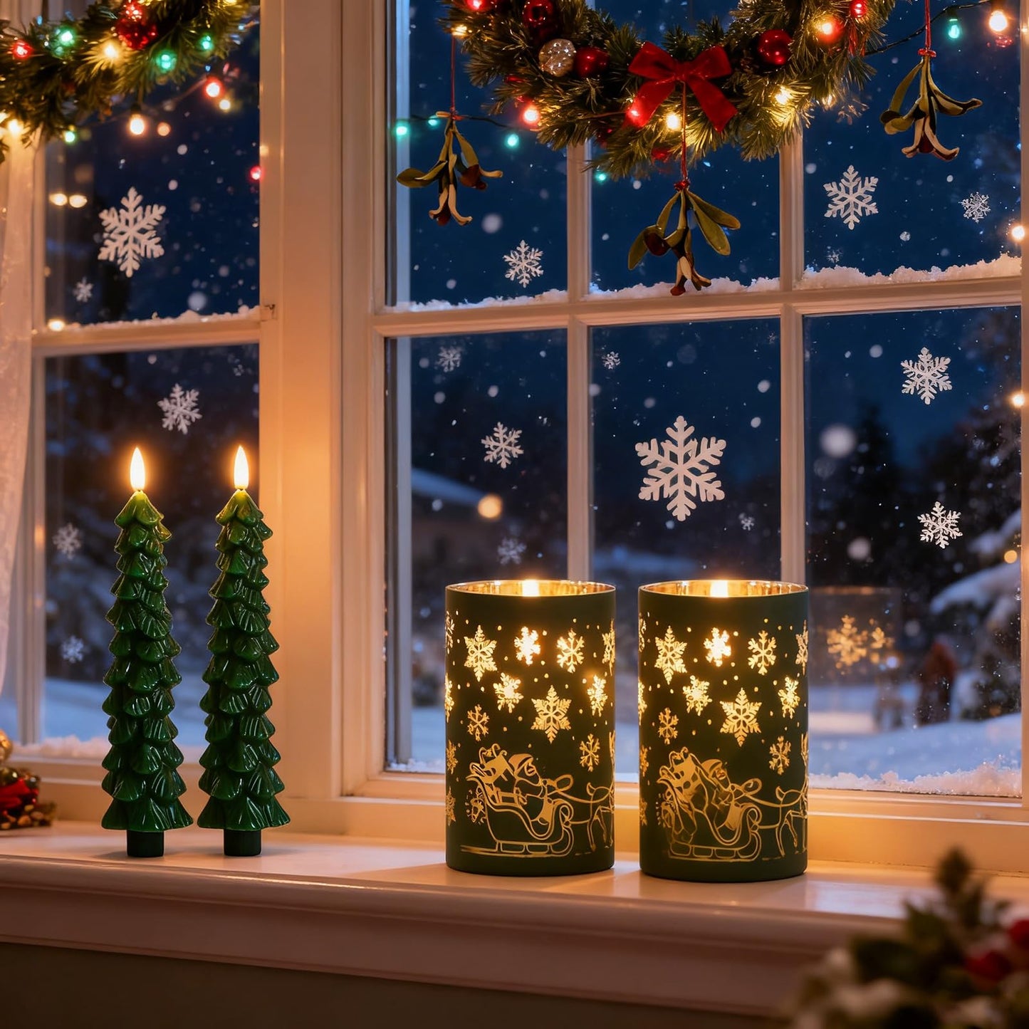 Lezonic Christmas Flameless Candles with Remote, Green Christmas Tree Flickering Battery Operated Window Candlesticks, Glass Flameless Xmas New Year Decorations Gifts, Set of 4 Real Wax LED Candles