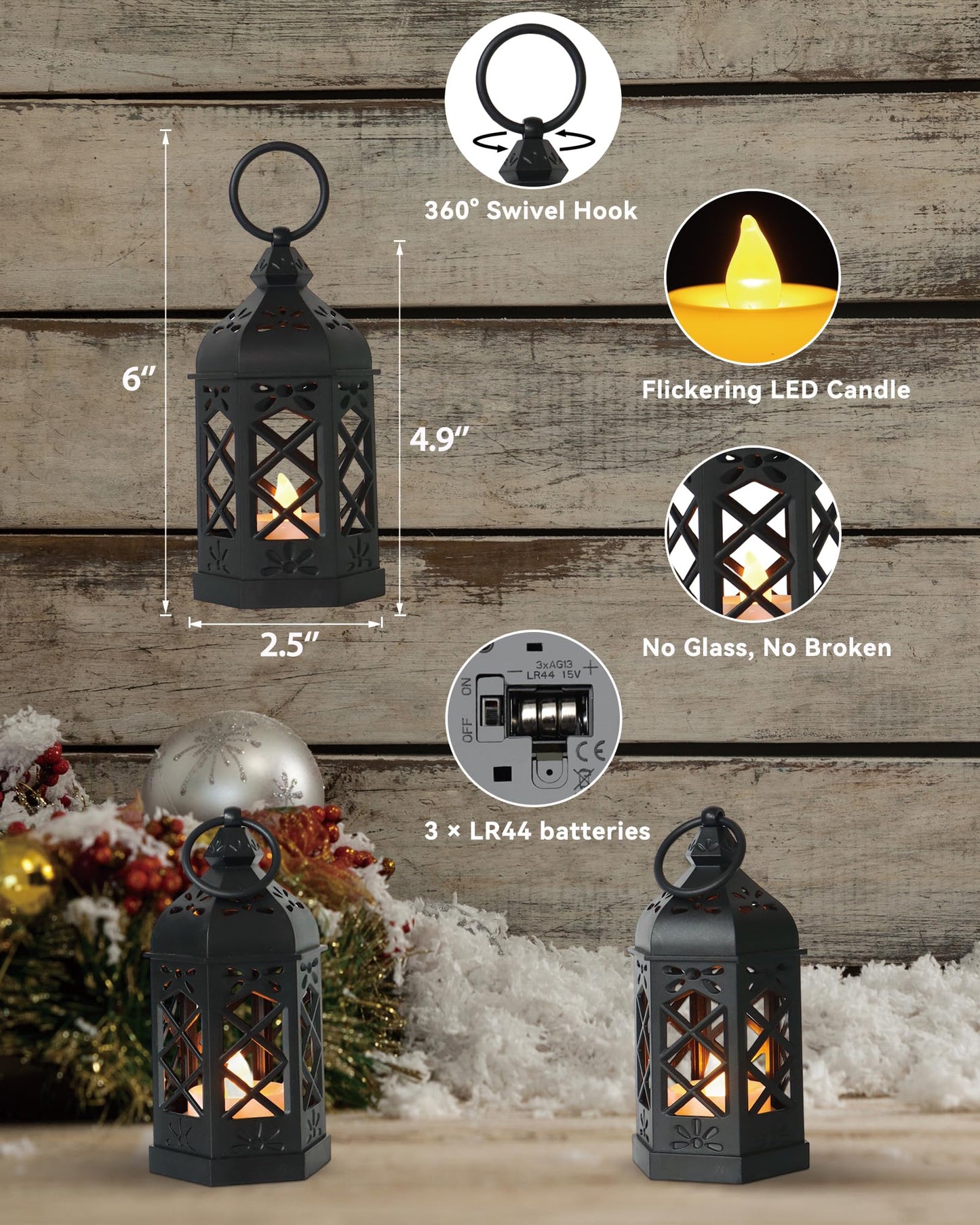 Reperla 12-Pack Mini Lanterns with Flickering LED Candles for Ramadan, Moroccan Decorative Hanging Lanterns for Halloween, Christmas, Wedding, Black Lantern for Table Centerpiece, Home & Party Decor