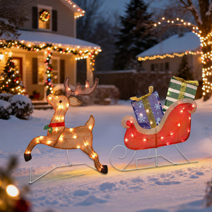 Prsildan Christmas Lighted Decoration 25" x 44" Reindeer, 50 Lights Christmas Reindeer with Sleigh & Gift Boxes, Light up Decorations for Indoor Outdoor Home Kitchen Yard Garden Holiday Party