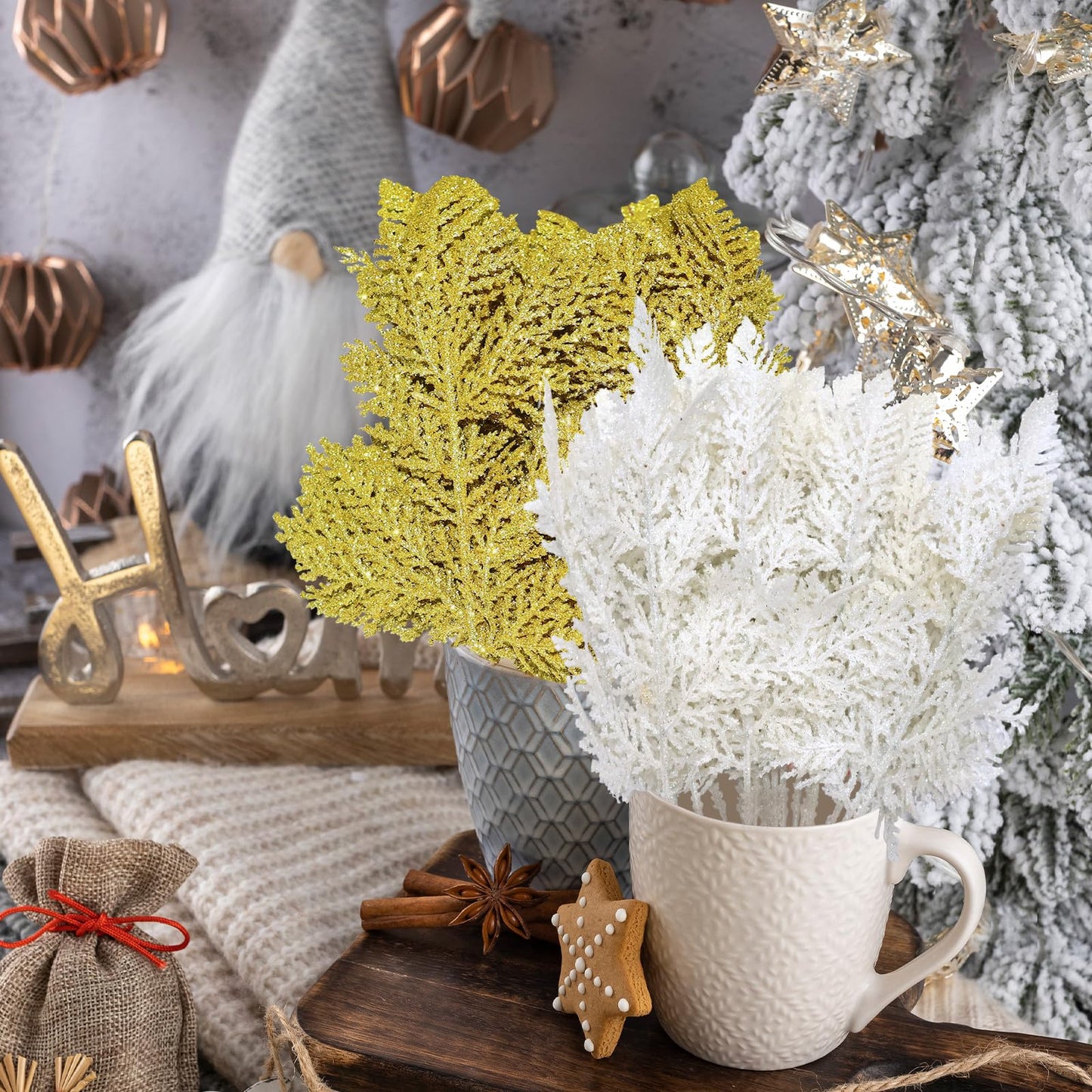 MCCVBFHH 60 Pcs Christmas Glitter Artificial Pine & Cedar Branches - Sparkly Stems Picks for Christmas Tree,Garland,Wreath,Holiday Party & Winter Home Decor
