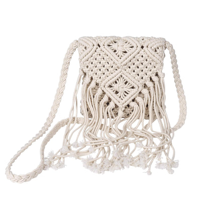 Women Tassel Shoulder Bag, Girls Fringed Crochet Purse Boho Crossbody Bags, Vintage Hand Woven Cotton Rope Hippie Style for Beach Vacation, Travel, Daily Use, Beige, Beige, S