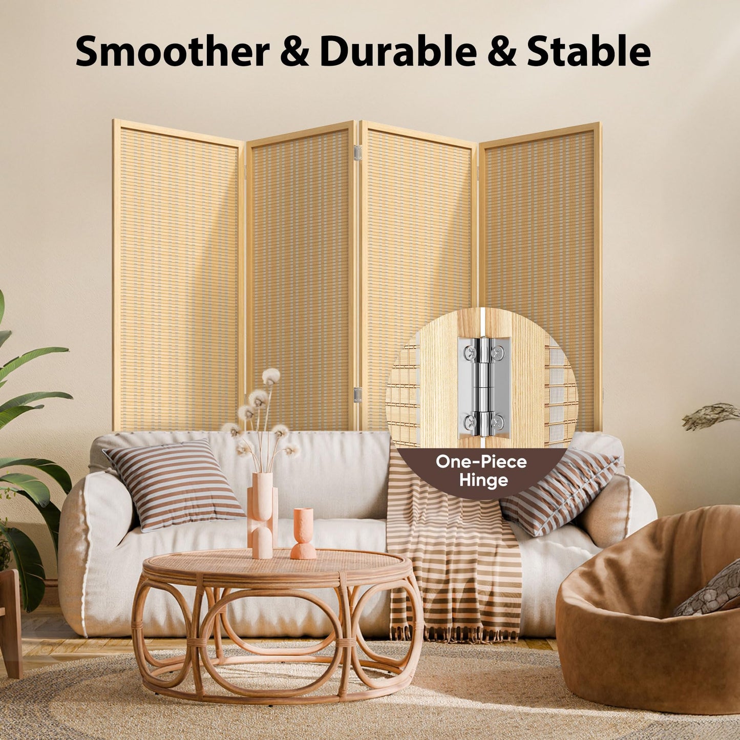 JOSTYLE Room Divider 4 Panel Folding Privacy Screen, Bamboo Room Divider Screen - 6 ft. Tall Wall Divider for Room Separation Freestanding Partition Separators, Beige, 70.9" H x 79.9" W