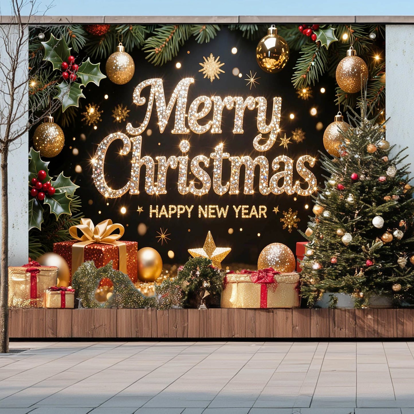 HOMETITUTE Merry Christmas and Happy New Year Backdrop 8×6ft Black Gold Holiday Photo Background with Gifts Ornaments Lights Party Banner Decoration
