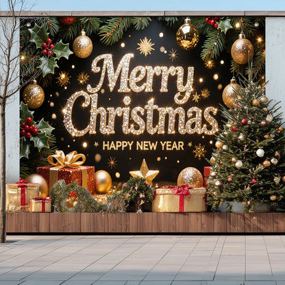 HOMETITUTE Merry Christmas and Happy New Year Backdrop 8×6ft Black Gold Holiday Photo Background with Gifts Ornaments Lights Party Banner Decoration