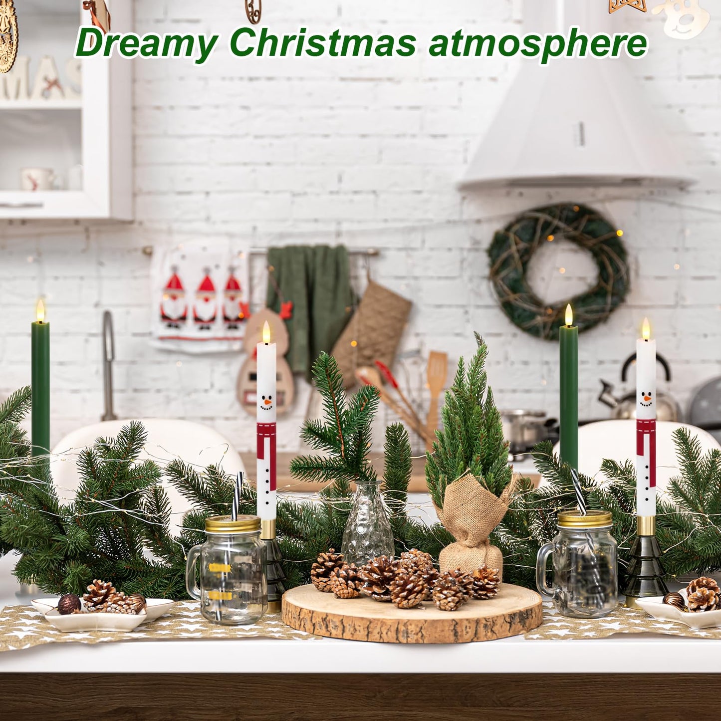 Lasumora Christmas Flameless Taper Candles with Remote Timer, 2 Pcs Snowman with Scarf LED Candlesticks with 3D Flickering Flame for Home Décor Christmas Gifts