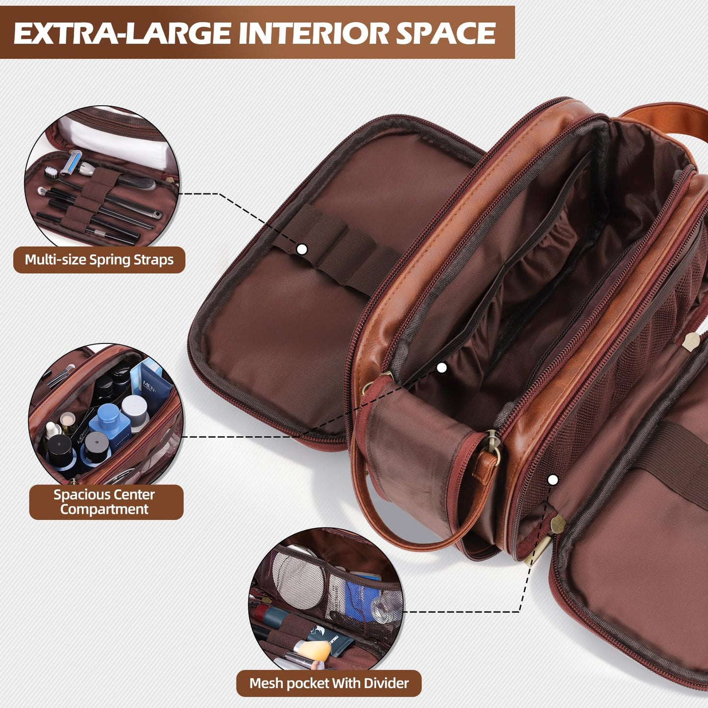 Ecttunafe Engraved Father Day Gifts Toiletry Bag for Men Dad Husband, Custom Initial PU Leather Waterproof Toiletry Organizer Dop Kit Shaving Bag Travel Essentials, Large, Durable, Brown,J