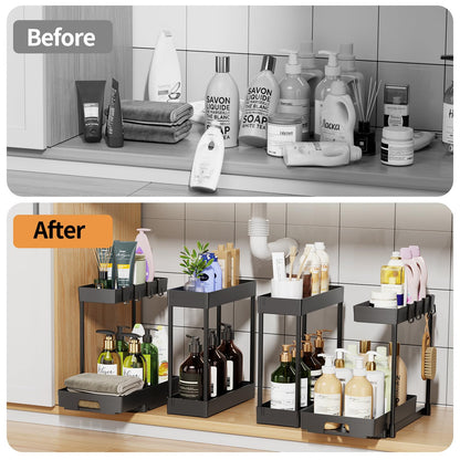 Delamu 2 Pack Under Sink Organizers and Storage, 2 Tier Pull Out Bathroom Cabinet Organizer, L-Shape Black Under Bathroom Kitchen Sink Organizer with Drawer for Under Sink Storage Organizer