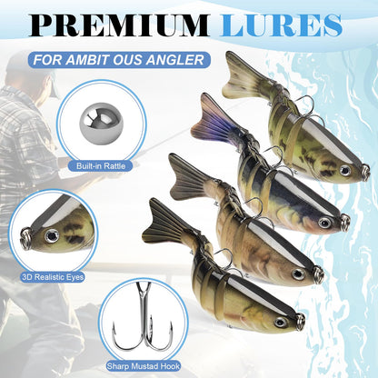 4Pcs Multi-Jointed Swimbait Fishing Lures, Lifelike Segmented Bass Lures with Treble Hooks, Slow Sinking Hard Bait for Freshwater Saltwater, Trout Pike Walleye Fishing Tackle for Anglers (A)