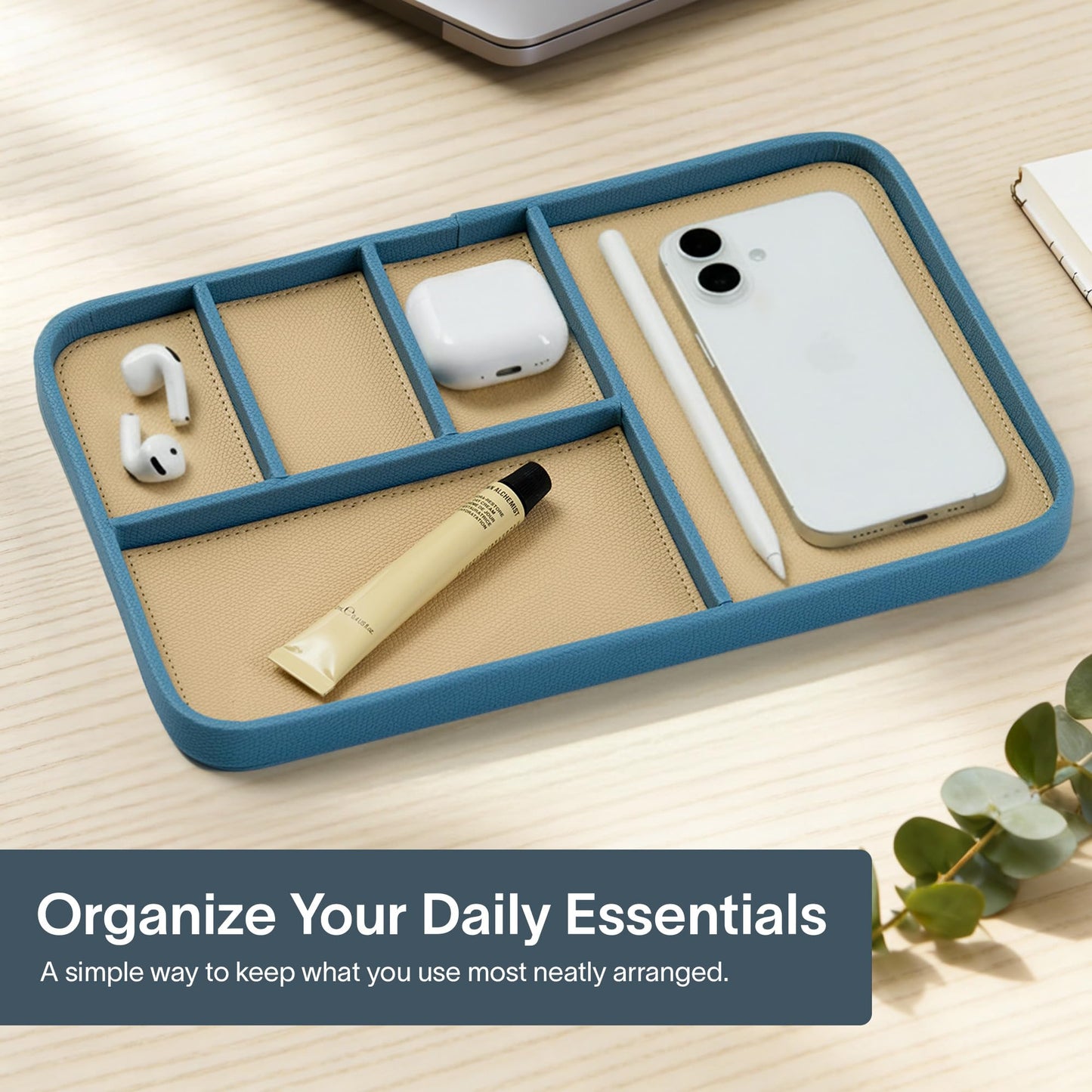 Nordik Leather Valet Tray - Nordik Blue - 11.8x7.9 Inch Large-Sized Vegan Leather Tray - Stylish Nightstand Organizer for Men - Modern Bedside Caddy - EDC Catchall for Keys Watch Wallet Jewellery