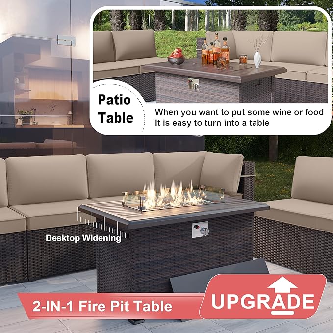 Kurapika 10 Pieces Patio Furniture Set, Rattan Wicker Outdoor Conversation Sets w/43in Propane Fire Pit Table, Swivel Rocking Chairs Patio Sectional Sofa w/4 Inch Cushion, Sand