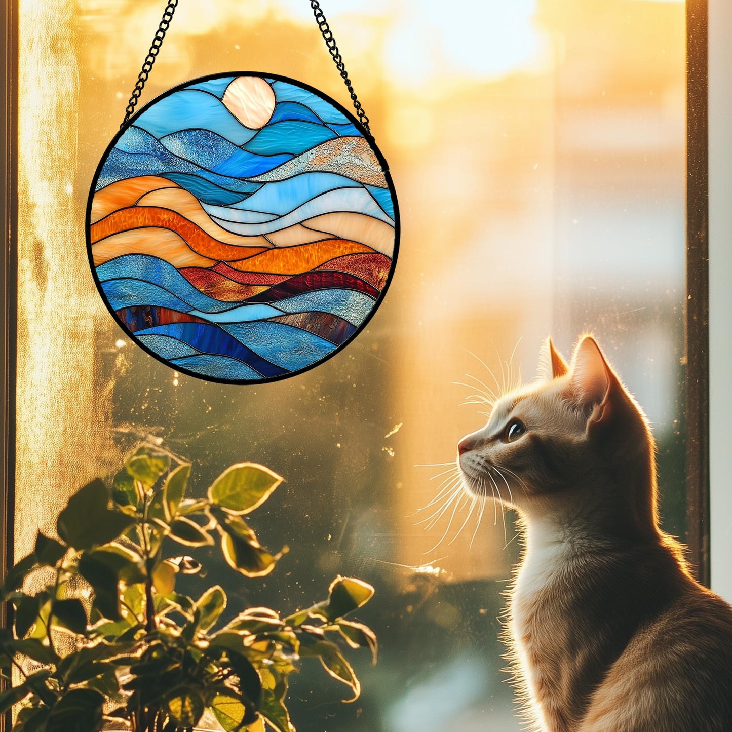 DASTOLL Stained Glass Window Hanging 4 Pcs Set Blue Orange Ocean Beach Theme 6.3" - Suncatcher Door Garden Sun Catcher Decor Birthday Christmas for Mom Woman Nana Men Wife