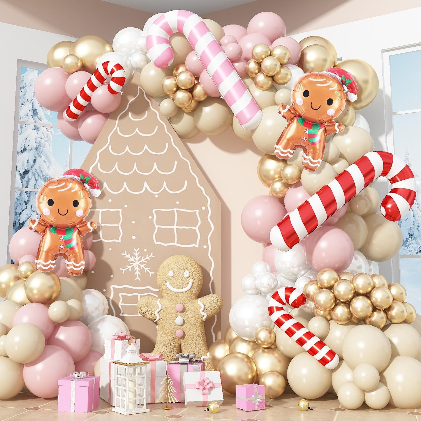138PCS Pastel Pink Beige Christmas Balloon Arch Kit, Dusty Baby Pink Pearl Ivory White Cream Metallic Gold Balloon Arch Set with Candy Cane Gingerbread Foil Balloos for New Year Xmas Party Decorations