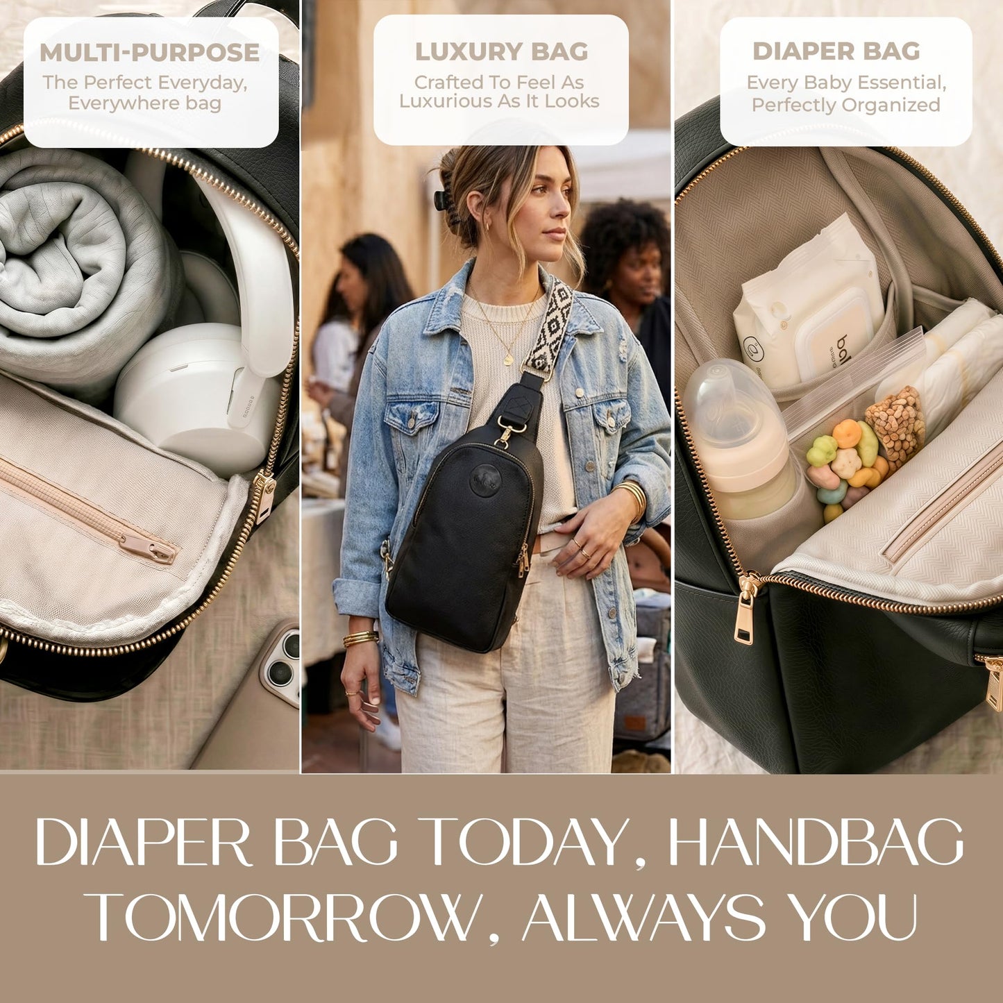 Do Love Handmade Mini Diaper Bag Backpack for Moms | Small Diaper Backpack with Crossbody Strap | Vegan Leather & Gold Hardware | Insulated Bottle Pocket | Black