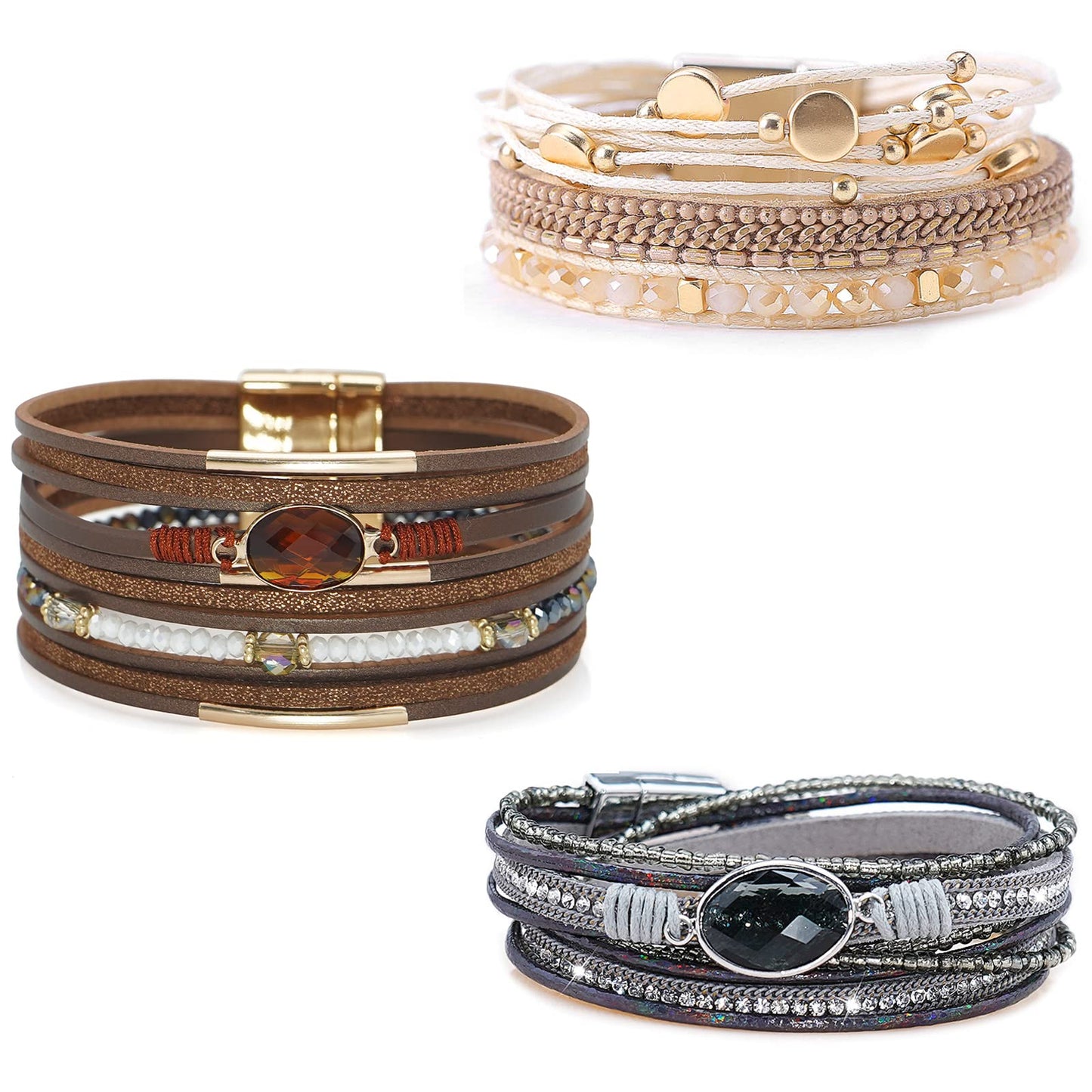 Wovanoo Leather Wrap Bracelet Set 3Pack Leather Cuff Bracelet for Women Multilayer Magnetic Clasp Bracelet Three Crystal