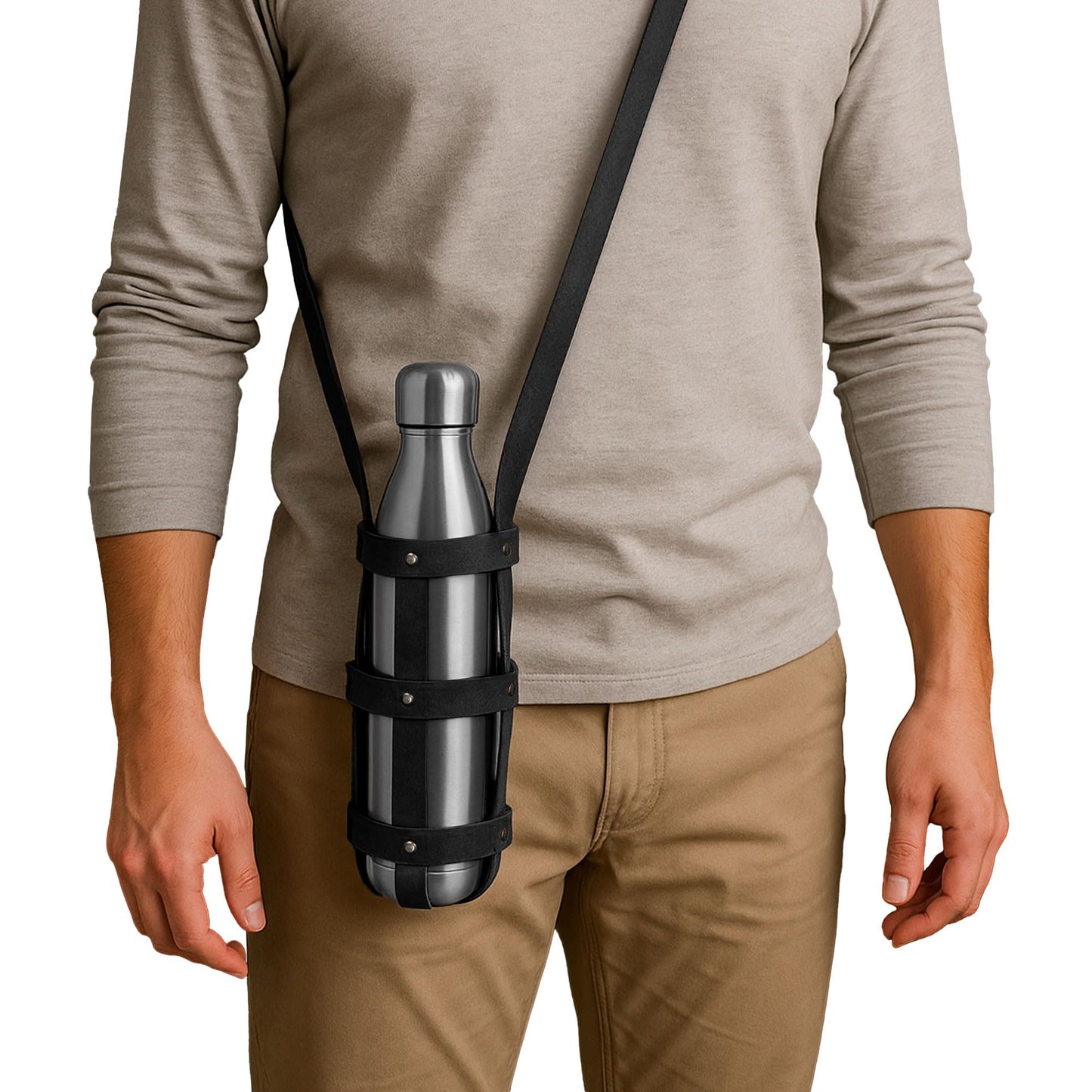 Hide & Drink, Rustic Leather Water Bottle Holder With Adjustable Strap, Fits (2.5 in.) Diameter Bottles, Holster, Carrier, Case, Booze Strap, Handmade (Charcoal Black)