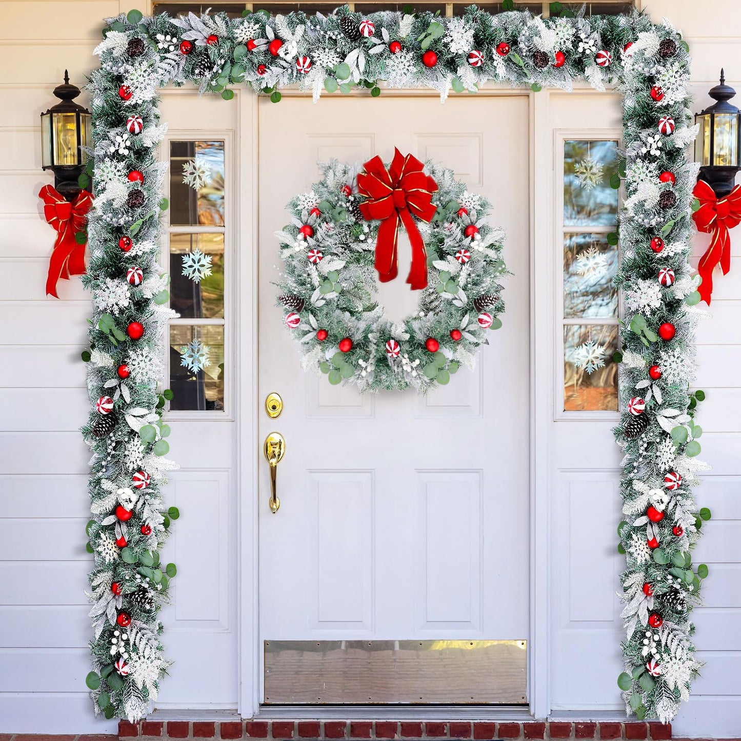 Solsew 6 Feet Snow Flocked Christmas Garland for Mantle White Garland with Silver White Balls Snowflake Pine Cones for Fireplace Table Centerpiece Front Door Staircase Decoration(Silver,Green,Red)