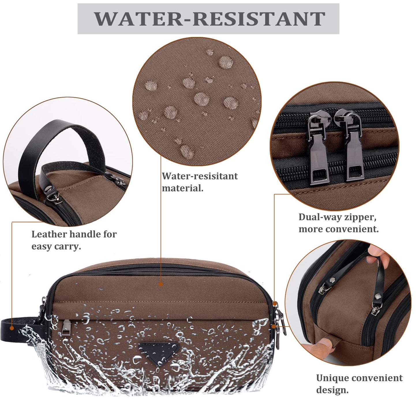CROCOD Toiletry Bag for Men - Water-Resistant Oxford Travel Organizer Dopp Kit with Double Zippers, Padded Shaving Bag for Bathroom, Gym, Dorm - Multi-Function Cosmetic Storage Bag (Brown)