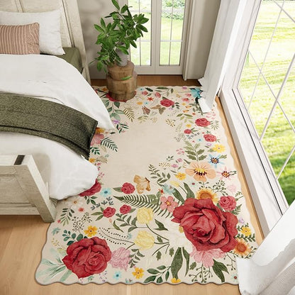 Washable Rugs for Living Room: 6x9 Area Rugs for Bedroom Soft Ultra Thin Stain Resistant Non Slip Low Pile Lightweight Vintage Floral Carpet for Dining Room Decor (Beige)