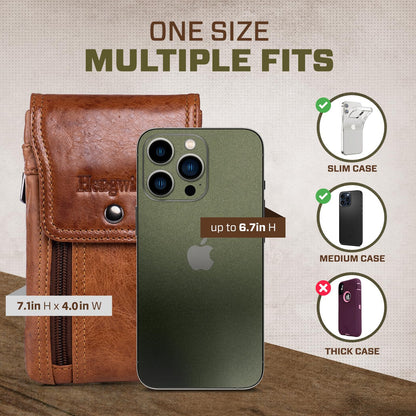 Hengwin Phone Holster Belt Case with Belt Clip, Genuine Leather Belt Pouch Cell Phone Holder Fit for iPhone 16 Plus 15 Pro Max 14 Pro Max Samsung Galaxy S25 Plus (Fit Cellphone with Case On) (Brown)