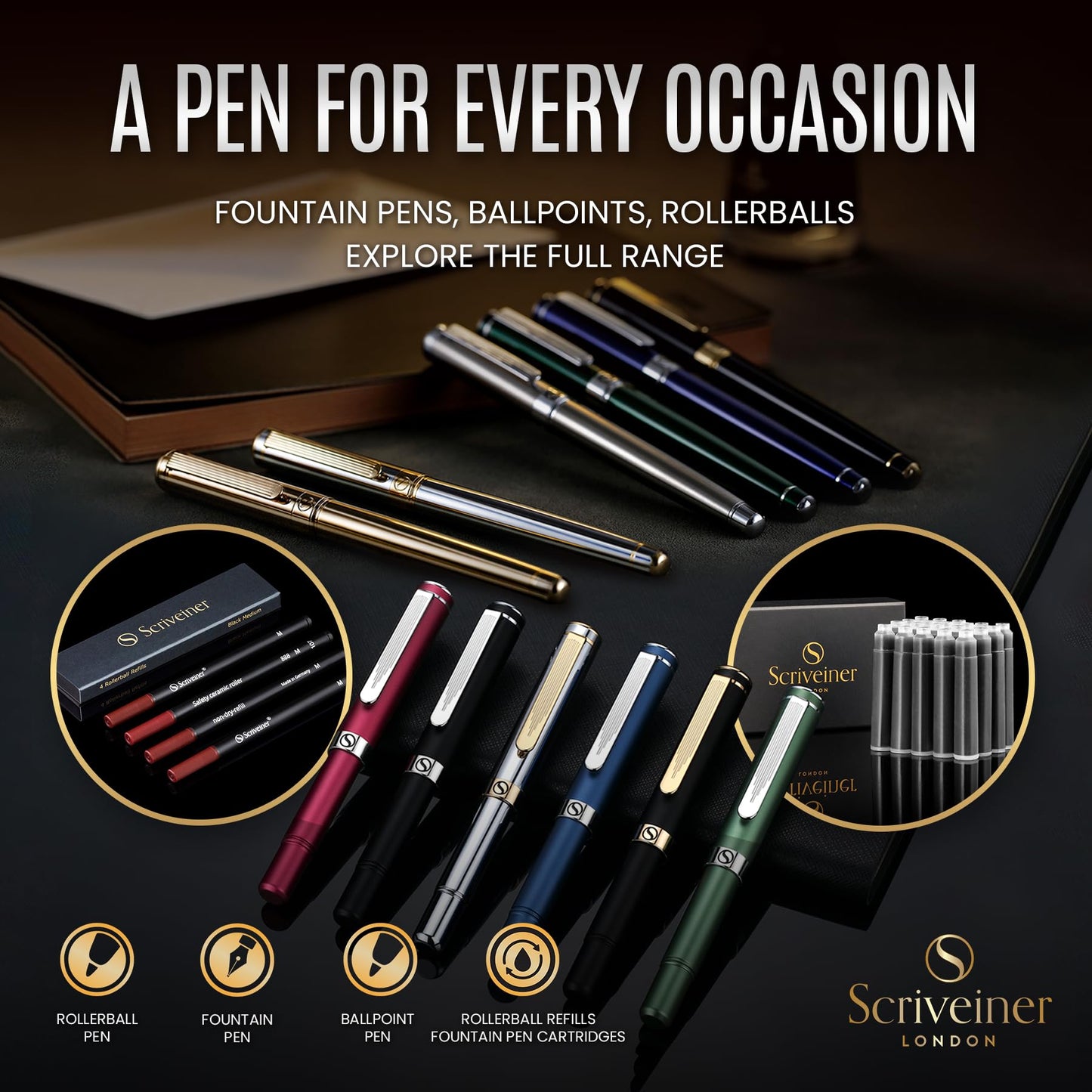 Scriveiner Black Lacquer Ballpoint Pen -Stunning Luxury Pen, Real Gold Plating, Schmidt Black Refill, Best Gift Set for Men & Women, Professional Executive Office, Nice Fancy Designer Pens