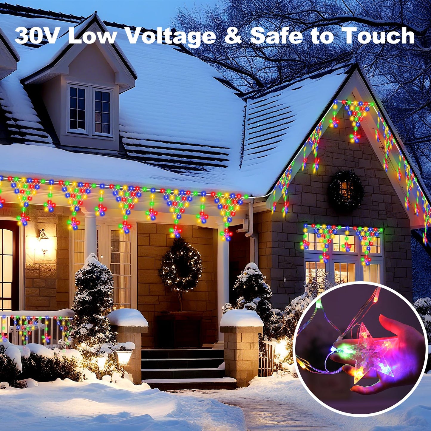 Ramadan Outdoor String Lights Waterproof, 218 LED 13.8FT Star Curtain Fairy Lights with 12 Drops Connectable Clear Wire Christmas Light Decorations 8 Modes for Eaves Yard Wedding Party Holiday Decor