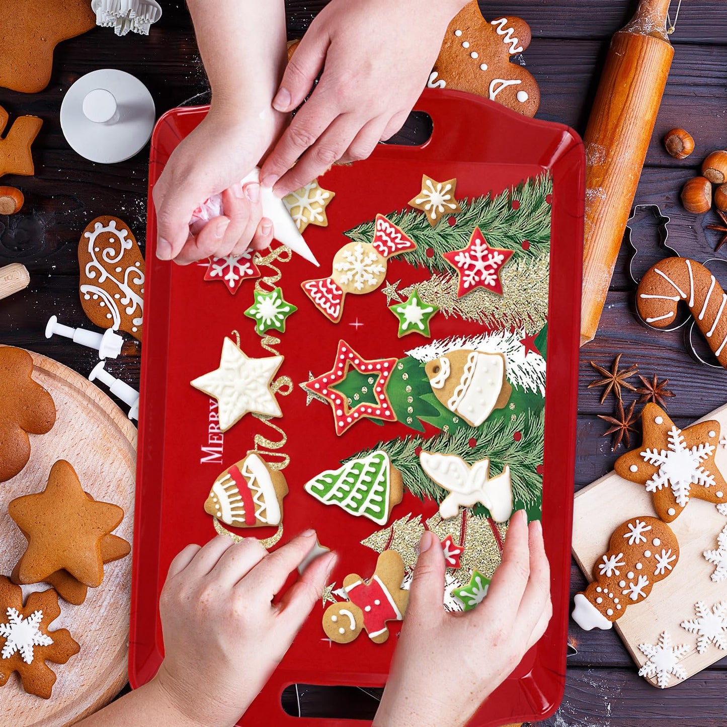 4 Pcs Merry Christmas Serving Tray Xmas Tree Handled Melamine Board Red Green Gold Serving Platter for Home Party Food Supplies