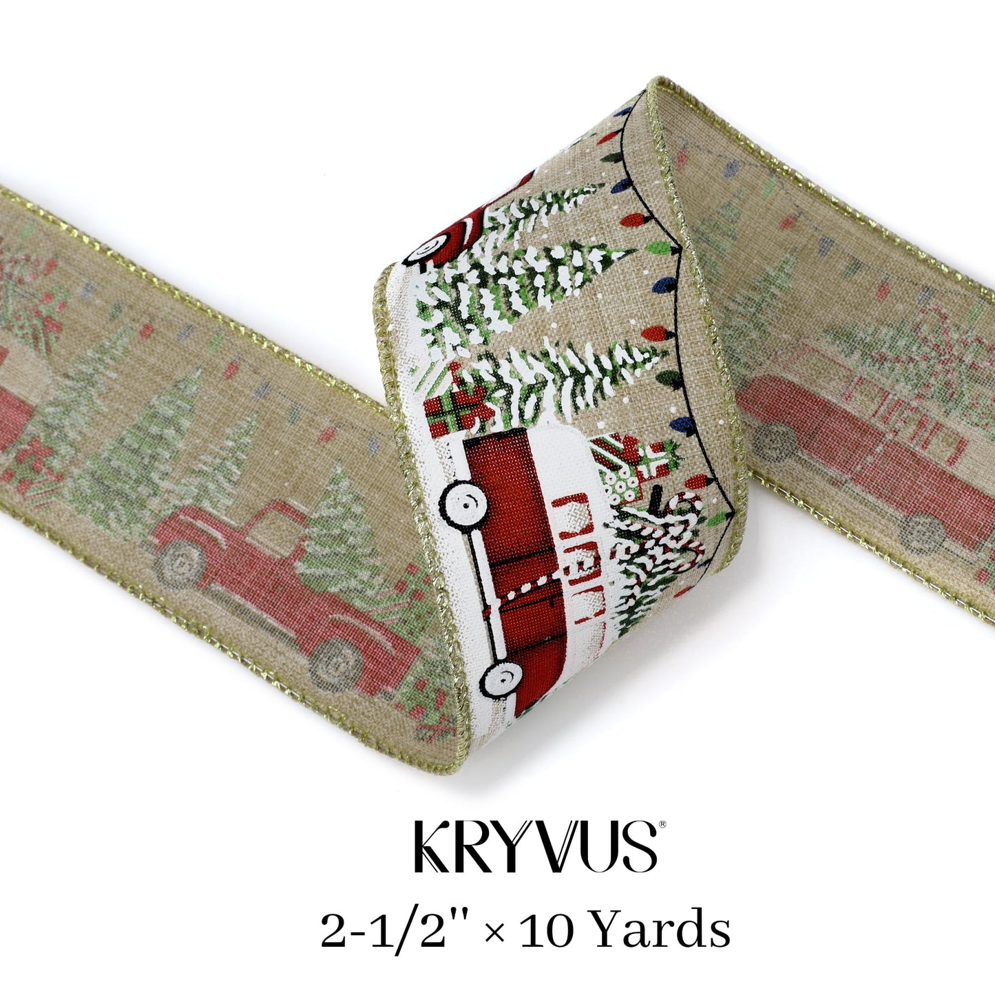 Kryvus Christmas Wired Ribbon, 2.5 Inch x 10 Yards, Natural Linen Ribbon with Gold Wired Edge for Wreaths, Gift Wrapping, Christmas Tree Decorations and Holiday Crafts (Bus)